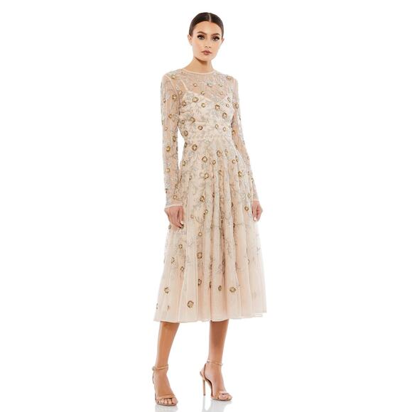 NWT Mac Duggal Floral Beadwork Long Sleeve Midi Dress Nude Women's Size 10 10799 - Picture 1 of 9